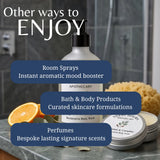 A promotional graphic for Apothecary products showing a bottle of restorative body wash in a bathroom-like setting, with overlaid text reading 'Other ways to ENJOY' and callouts for room sprays, bath & body products, and perfumes. A silver tin labeled 'Silent Hours Apothecary' and citrus slices are also visible.