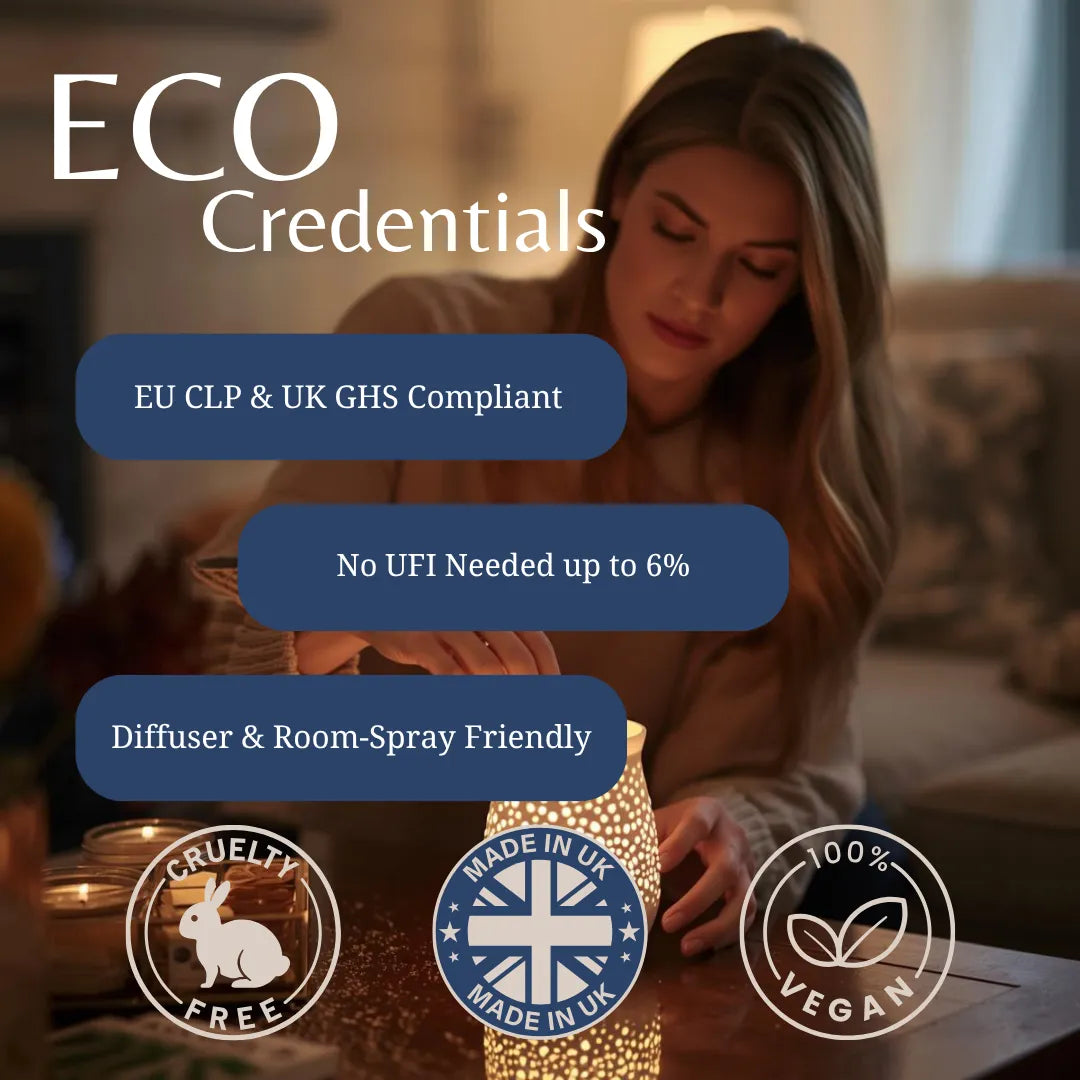 A woman in a cozy room holds a glowing decorative candle holder, with large text reading 'ECO Credentials' and feature callouts including EU CLP & UK GHS compliant, no UFI needed up to 6%, diffuser and room-spray friendly, plus cruelty-free, made in UK, and 100% vegan badges.