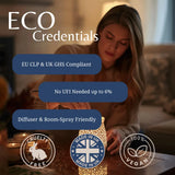 A woman in a cozy room holds a glowing decorative candle holder, with large text reading 'ECO Credentials' and feature callouts including EU CLP & UK GHS compliant, no UFI needed up to 6%, diffuser and room-spray friendly, plus cruelty-free, made in UK, and 100% vegan badges.