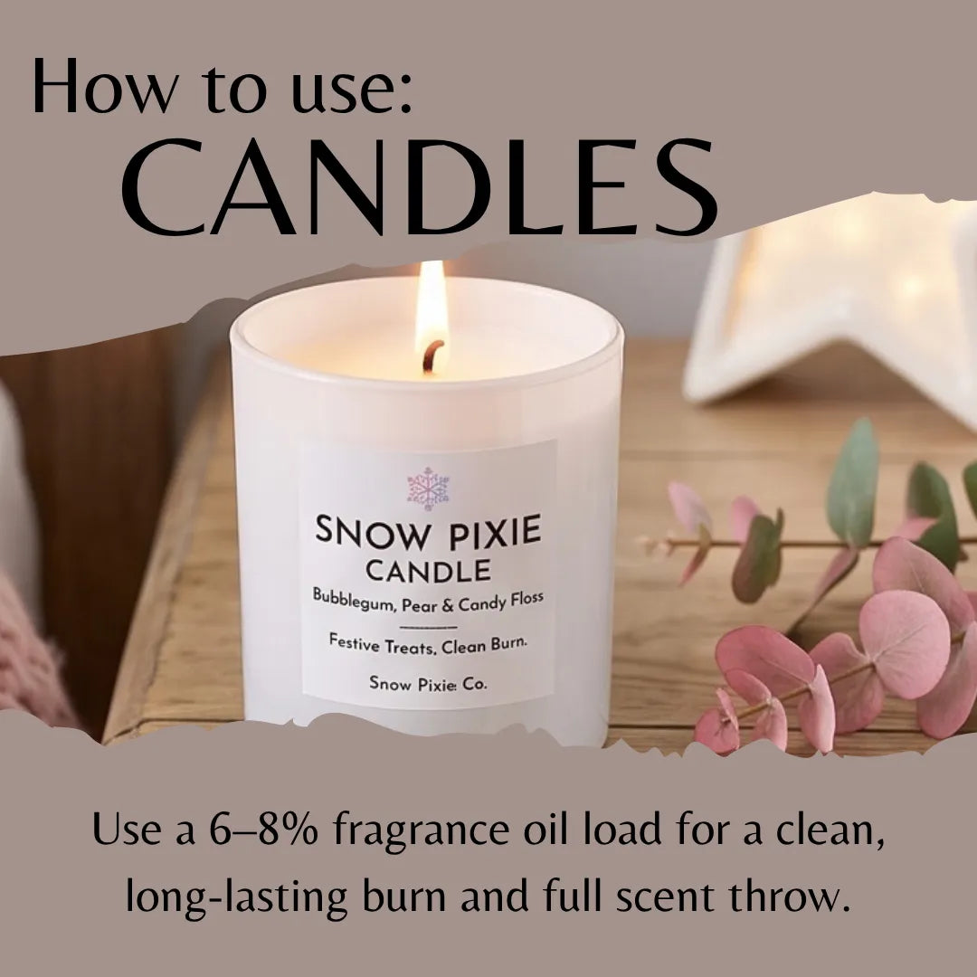 A lit white jar candle labeled 'SNOW PIXIE CANDLE' by Snow Pixie Co., shown with large overlaid text reading 'How to use: CANDLES' and usage instructions below.