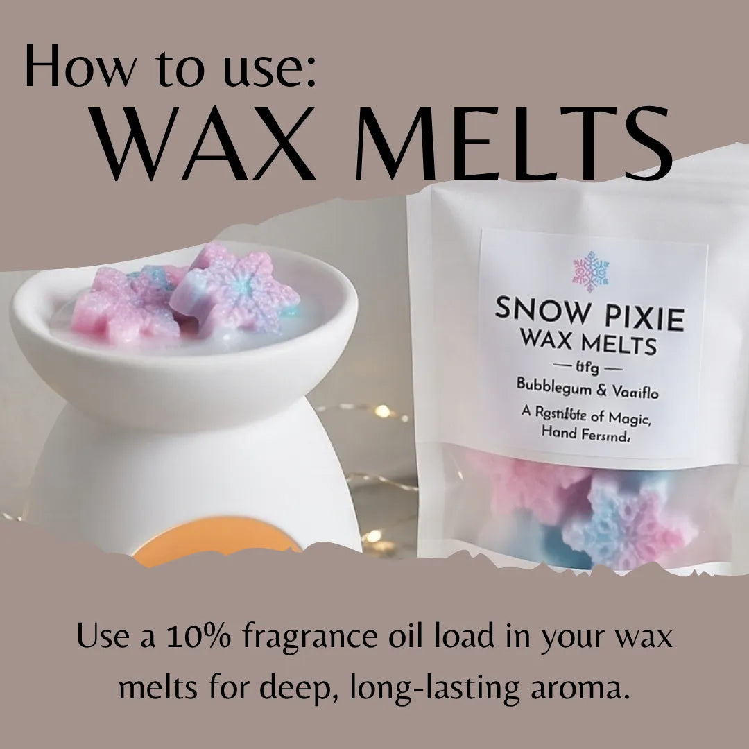 Instructional graphic showing how to use wax melts, featuring a white ceramic bowl filled with pink and blue star-shaped wax melts next to a white bag labeled 'SNOW PIXIE WAX MELTS' on a taupe background with text instructions.