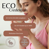 A woman in a pink camisole holds a white mug while the graphic text reads 'ECO Credentials' with claims like 'EU CLP & UK GHS Compliant', 'No UFI Needed up to 100%', and 'Phthalate-Free Scent'. Three certification-style icons appear at the bottom: Cruelty Free, Made in UK, and Vegan.