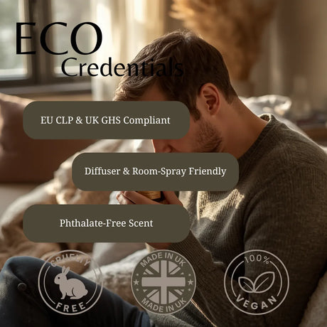 A man in a cozy room wearing a gray knit sweater, with large text reading 'ECO Credentials' and feature callouts including 'EU CLP & UK GHS Compliant', 'Diffuser & Room-Spray Friendly', 'Phthalate-Free Scent', 'Spicy Free', 'Made in UK', and '100% Vegan'.