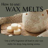 Instructional graphic titled 'How to use: WAX MELTS' showing a ceramic wax warmer with floral engravings and several round cream wax melts on a rustic wooden surface.