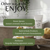 Promotional graphic for SPA TIME. showing bath and body products arranged on a wooden bench in a bright bathroom setting, with text overlays reading 'Other ways to ENJOY' and listing room sprays, bath & body products, and perfumes.