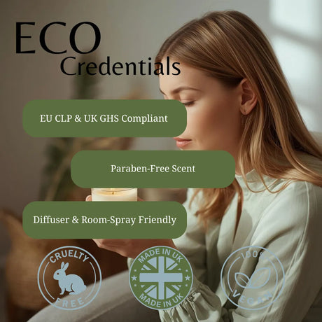 A woman holds a lit candle in a softly lit indoor setting, with large text reading 'ECO Credentials' and feature callouts including 'EU CLP & UK GHS Compliant,' 'Paraben-Free Scent,' and 'Diffuser & Room-Spray Friendly,' plus cruelty-free, UK-made, and vegan badges.