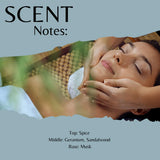 Scent Notes graphic showing a woman receiving a facial massage with hands on her face, overlaid on a photo of a spa setting. Text reads 'SCENT Notes:' and lists fragrance notes: Top: Spice, Middle: Geranium, Sandalwood, Base: Musk.