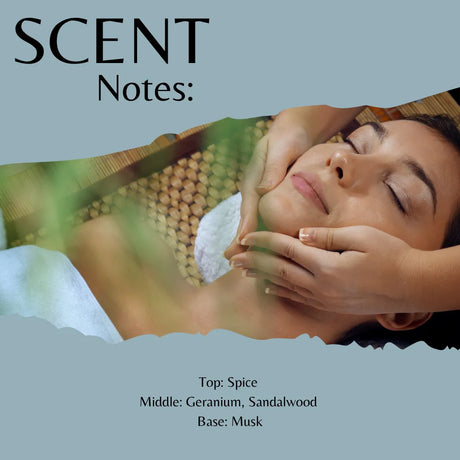 Scent Notes graphic showing a woman receiving a facial massage with hands on her face, overlaid on a photo of a spa setting. Text reads 'SCENT Notes:' and lists fragrance notes: Top: Spice, Middle: Geranium, Sandalwood, Base: Musk.