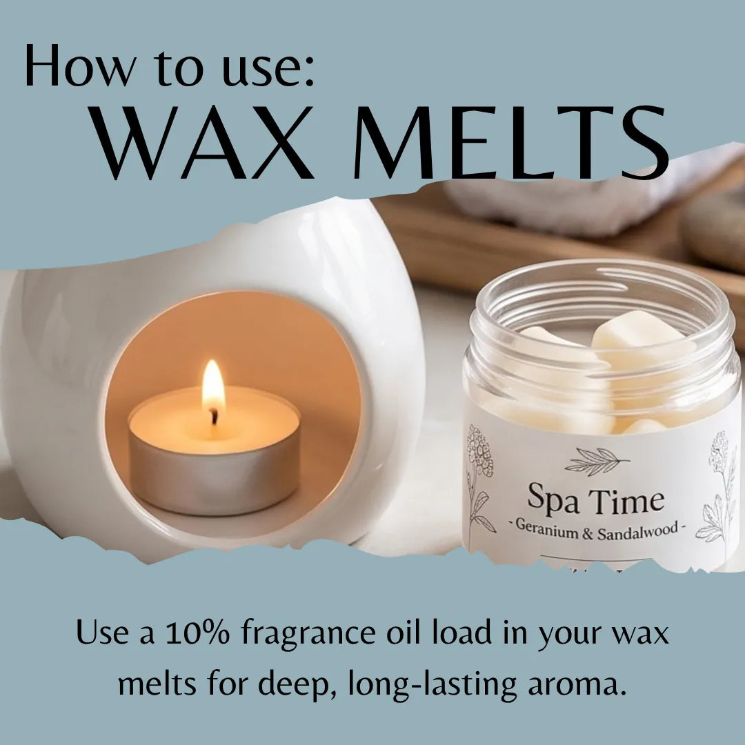 An instructional graphic titled 'How to use: WAX MELTS' shows a white ceramic candle warmer with a lit tea light candle and a clear jar labeled 'Spa Time' containing wax melts. Text explains using fragrance oil load in the wax melts for deep, long-lasting aroma.