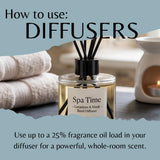 A reed diffuser bottle labeled 'Spa Time' sits on a tabletop with folded towels and a lit candle in the background. Large text at the top reads 'How to use: DIFFUSERS' and additional text at the bottom describes fragrance oil load usage.