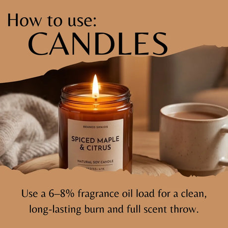 An informational graphic titled 'How to use: CANDLES' shows a lit amber glass jar candle labeled 'Spiced Maple & Citrus' on a tabletop beside a mug, with text explaining fragrance oil loading for candles.