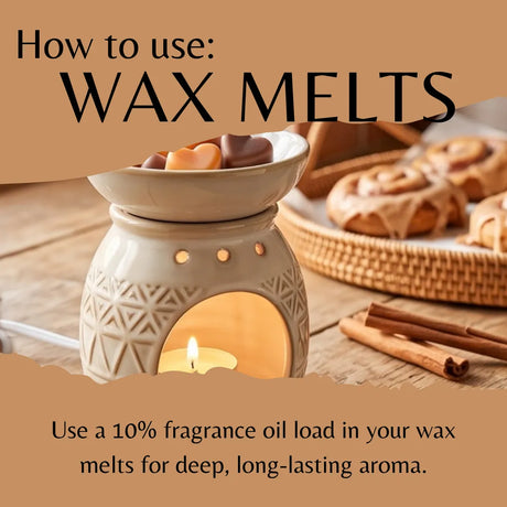 A warm promotional graphic showing a ceramic wax warmer with a lit candle inside, a bowl of wax melts on top, and cinnamon sticks on a wooden table. Large text reads 'How to use: WAX MELTS' and smaller text says to use a 10% fragrance oil load for deep, long-lasting aroma.