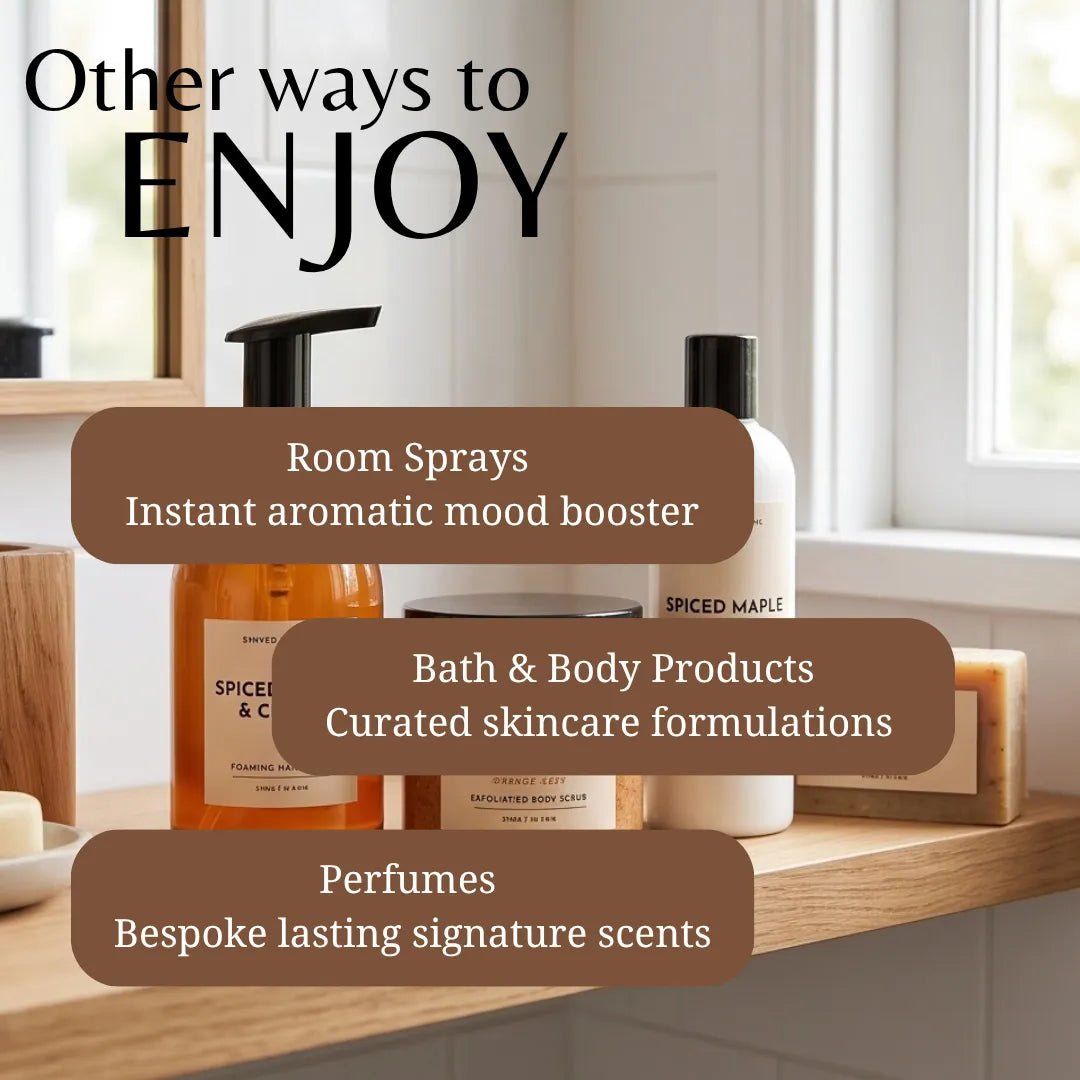 A promotional graphic showing several bathroom and spa product bottles on a wooden shelf in front of a window. Large text reads 'Other ways to ENJOY' with callouts for room sprays, bath & body products, and perfumes.