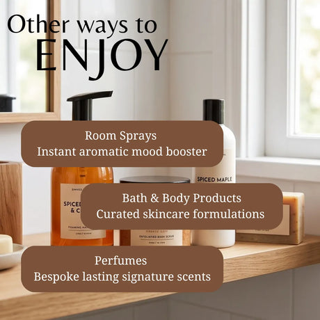 A promotional graphic showing several bathroom and spa product bottles on a wooden shelf in front of a window. Large text reads 'Other ways to ENJOY' with callouts for room sprays, bath & body products, and perfumes.