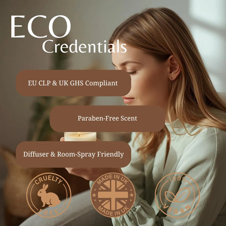 A woman in a soft light green top holds a lit candle while the image features marketing text reading 'ECO Credentials' with compliance badges and product feature callouts. This is a promotional lifestyle graphic rather than a clean product-only shot.
