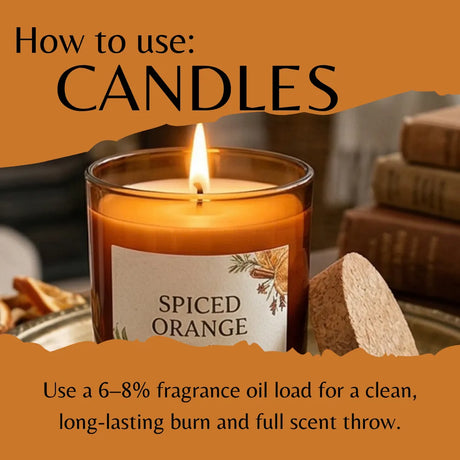 A lit amber glass candle labeled 'SPICED ORANGE' with large orange text reading 'How to use: CANDLES' and smaller usage text below, set against a warm brown background with books and a cork.