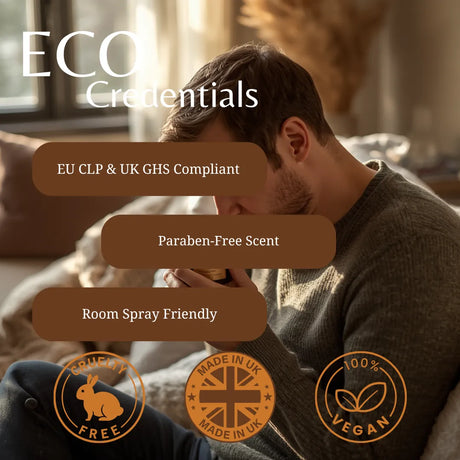 Promotional graphic for ECO Credentials room spray with a man in a cozy indoor setting, overlaid with brown text badges and certification icons including 'Paraben-Free Scent', 'Room Spray Friendly', and vegan/UK-made badges.