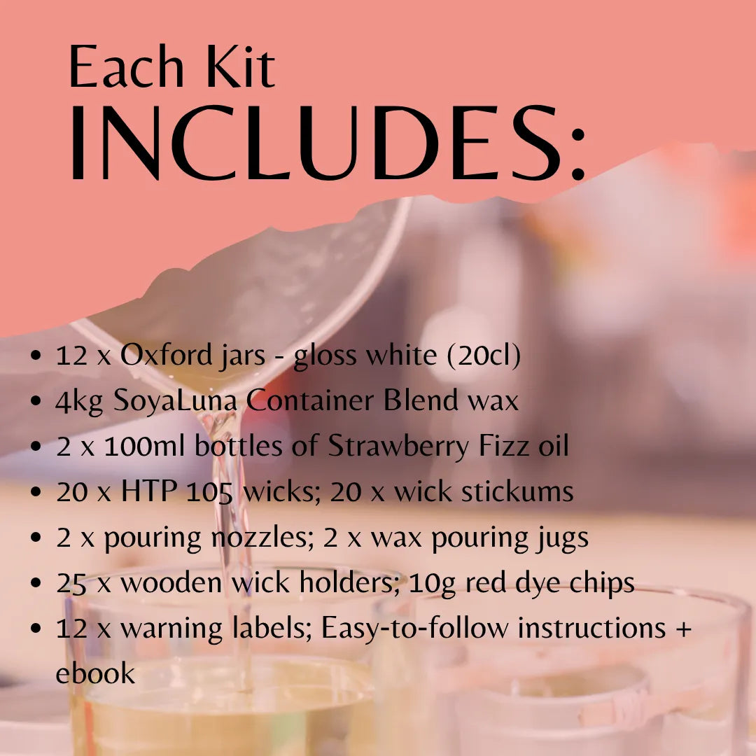 A promotional graphic with a pink header reading 'Each Kit INCLUDES:' and a blurred photo of wax pouring into glass containers below, accompanied by a bulleted list of kit contents including 12 Oxford jars, 4kg SoyaLuna wax blend, 2 bottles of Strawberry Fizz oil, wicks, pouring nozzles, wooden wick holders, and labels.