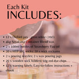 A promotional graphic with a pink header reading 'Each Kit INCLUDES:' and a blurred photo of wax pouring into glass containers below, accompanied by a bulleted list of kit contents including 12 Oxford jars, 4kg SoyaLuna wax blend, 2 bottles of Strawberry Fizz oil, wicks, pouring nozzles, wooden wick holders, and labels.