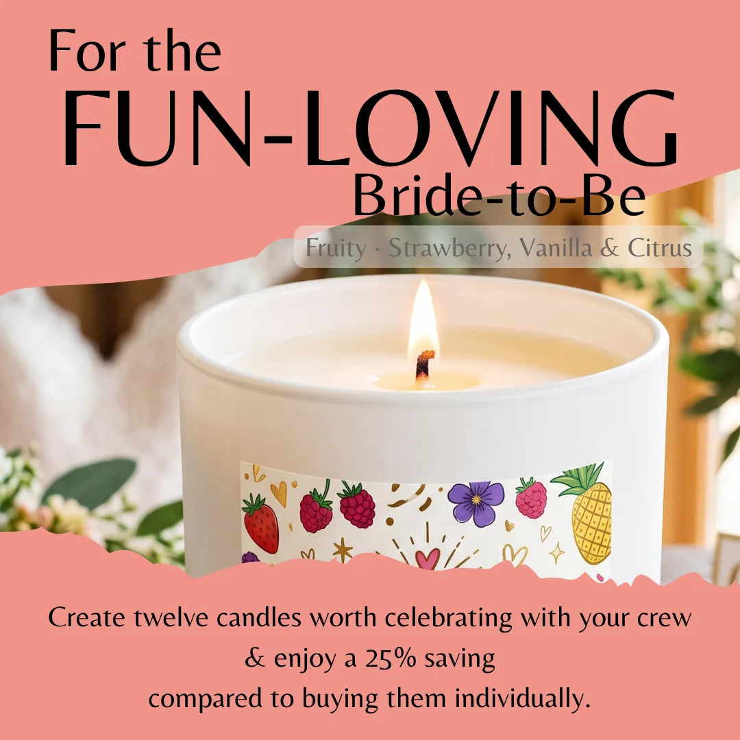 A lit white candle with a colorful fruit and flower label sits in a softly blurred indoor setting. Large peach text reads 'For the FUN-LOVING Bride-to-Be' and additional promotional copy appears below, with 'Fruity, Strawberry, Vanilla & Citrus' across the candle label area.
