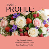 A scent profile graphic for a floral fragrance, showing a bouquet of white and pink roses, strawberries, raspberries, and purple violets on a peach background with the text 'Scent PROFILE:' and a list of notes: Top: Pineapple, Orange; Middle: Strawberries, Violets; Base: Raspberries, Vanilla.