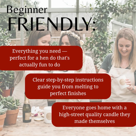 Promotional graphic for a beginner-friendly candle-making class or kit, featuring three women in a greenhouse setting with text overlays highlighting key selling points: everything needed for a fun hen do, clear step-by-step instructions, and a high-quality candle everyone makes together.