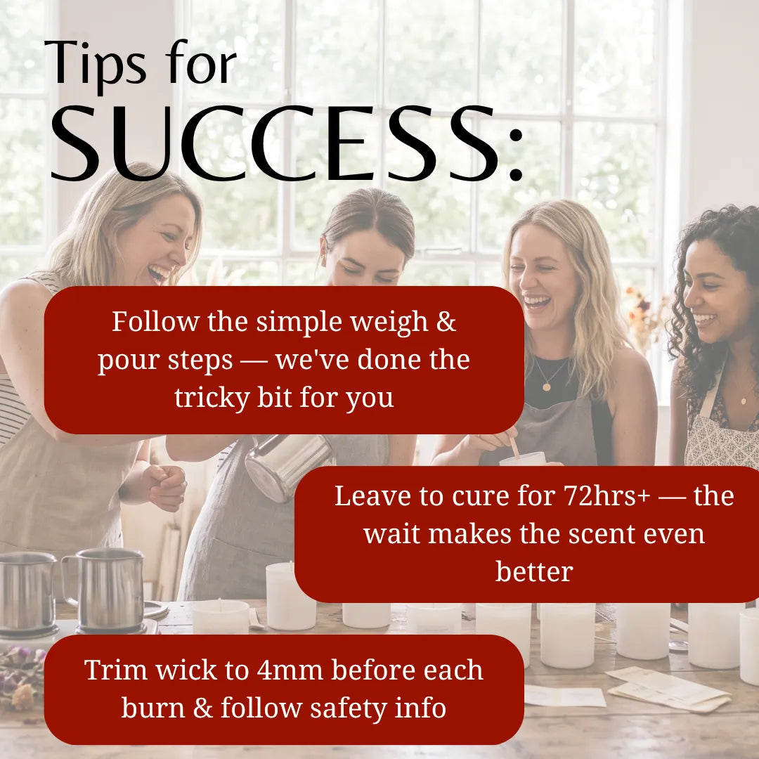 Promotional graphic with the headline 'Tips for SUCCESS:' over a softly blurred kitchen scene showing four women mixing candles. Three red text boxes give tips: follow simple weigh & pour steps, leave to cure for 72hrs+, and trim wick to 4mm before each burn.