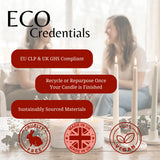Promotional graphic for 'ECO Credentials' featuring three white beeswax candles with lit taper candles on a table, with blurred women in the background. Text highlights compliance, recyclability, and sustainably sourced materials, with red circular badges for cruelty-free, made in UK, and vegan.