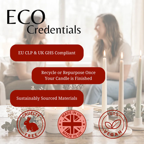 Promotional graphic for 'ECO Credentials' featuring three white beeswax candles with lit taper candles on a table, with blurred women in the background. Text highlights compliance, recyclability, and sustainably sourced materials, with red circular badges for cruelty-free, made in UK, and vegan.