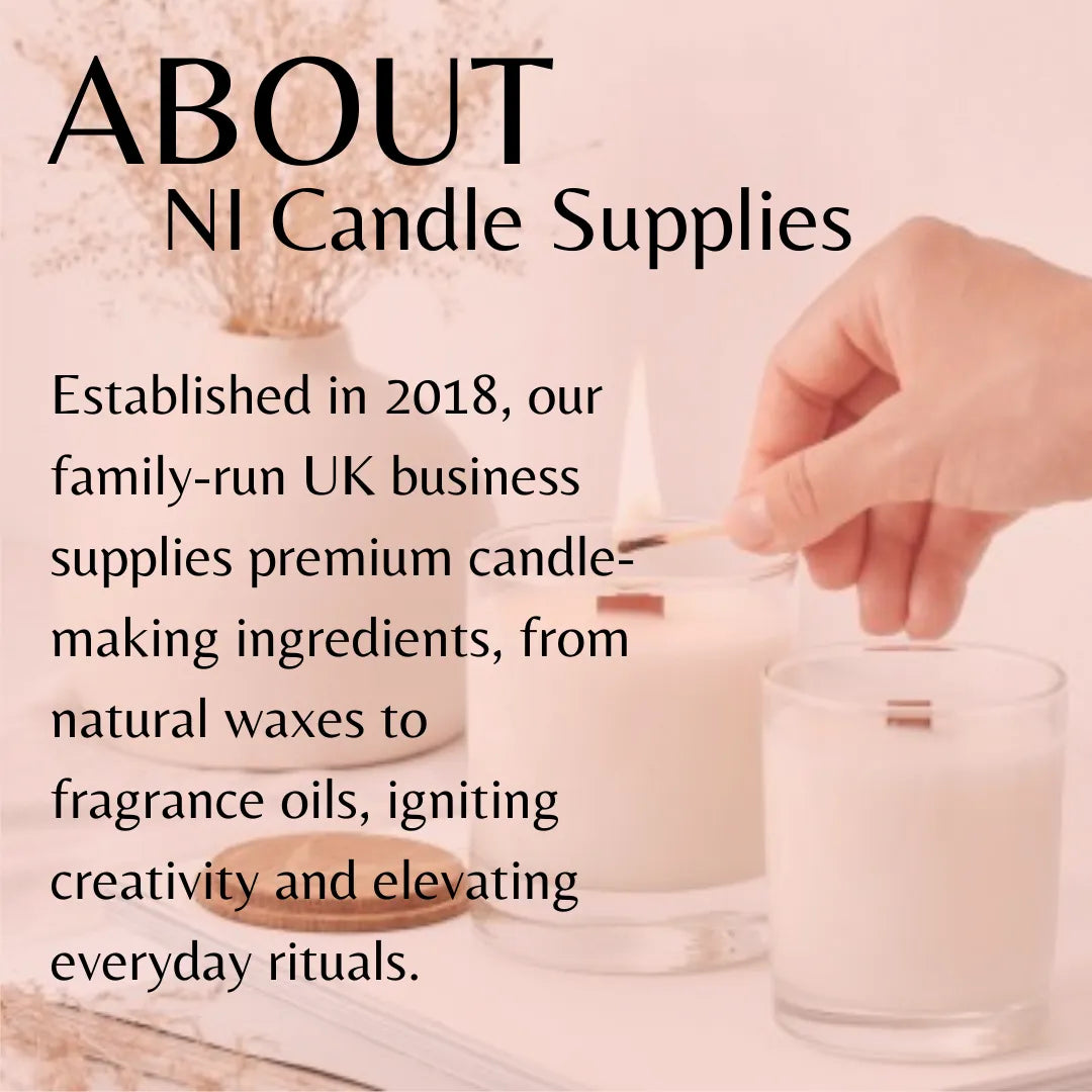 Promotional graphic for NI Candle Supplies showing a hand lighting a white candle in a glass jar, with large text reading 'ABOUT NI Candle Supplies' and descriptive copy about the business.