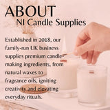 Promotional graphic for NI Candle Supplies showing a hand lighting a white candle in a glass jar, with large text reading 'ABOUT NI Candle Supplies' and descriptive copy about the business.