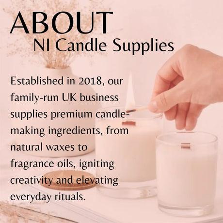 Promotional graphic for NI Candle Supplies showing a hand lighting a white candle in a glass jar, with large text reading 'ABOUT NI Candle Supplies' and descriptive copy about the business.