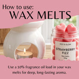 Instructional graphic showing how to use wax melts, featuring a white ceramic wax warmer with a lit candle and a jar of pink heart-shaped wax melts labeled 'FIZZ & GLOW STRAWBERRY FIZZ'.