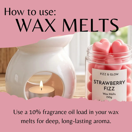 Instructional graphic showing how to use wax melts, featuring a white ceramic wax warmer with a lit candle and a jar of pink heart-shaped wax melts labeled 'FIZZ & GLOW STRAWBERRY FIZZ'.