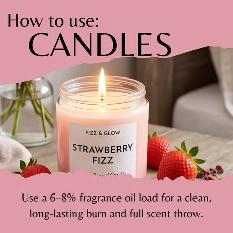 A lit candle jar labeled 'FIZZ & GLOW STRAWBERRY FIZZ' on a tabletop with strawberries around it, under a pink graphic overlay reading 'How to use: CANDLES' and additional usage text.