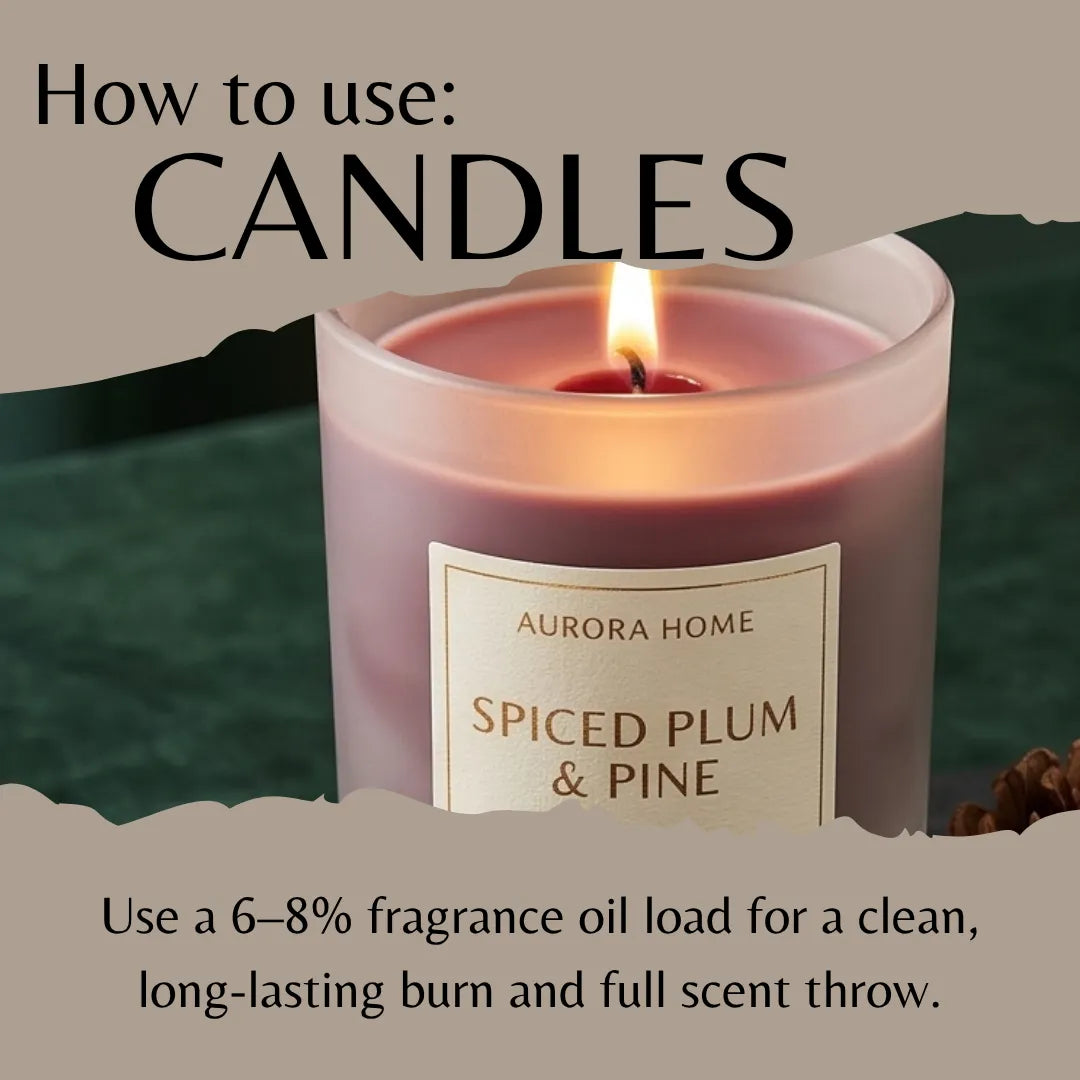 A lit candle in a frosted glass jar with a cream label reading 'AURORA HOME SPICED PLUM & PINE,' shown with instructional text about how to use candles and fragrance oil load.