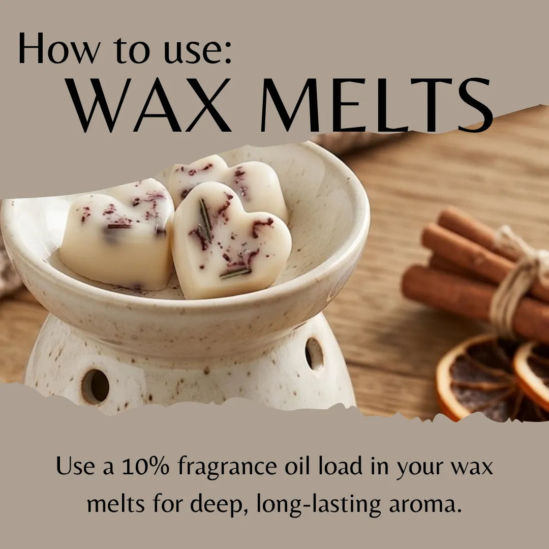 Instructional graphic titled 'How to use: WAX MELTS' showing heart-shaped wax melts in a ceramic warmer on a wooden surface, with cinnamon sticks and dried orange slices nearby and text explaining fragrance oil loading.