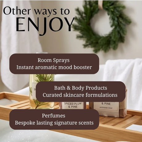 Promotional graphic with the text 'Other ways to ENJOY' over a spa-like scene showing bath products on a wooden tray, including room sprays, bath & body products, and perfumes.