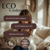 Promotional graphic for 'ECO Credentials' featuring a woman sitting on a sofa in a warm, softly lit room. Large text highlights compliance, low fragrance strength, and phthalate-free scent, with cruelty-free, made in UK, and vegan seals at the bottom.