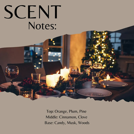 Scent profile graphic for a holiday fragrance, titled 'SCENT Notes:' with a torn-paper effect. The center shows a warmly lit Christmas dinner table with candles, wine glasses, plates, and a glowing Christmas tree in the background.