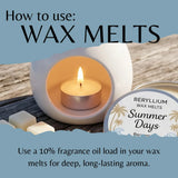 Instructional graphic titled 'How to use: WAX MELTS' showing a lit tealight candle in a white ceramic holder, wax melts cubes, and a round tin labeled 'BERYLLIUM WAX MELTS Summer Days' with text explaining fragrance oil loading.