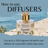 A bottle of Beryllium Reed Diffuser with a 'Summer Days' tropical label, shown with reeds in a gold cap. The image is a promotional graphic with a torn-paper effect over a beach background, featuring text that reads 'How to use: DIFFUSERS' and usage instructions.