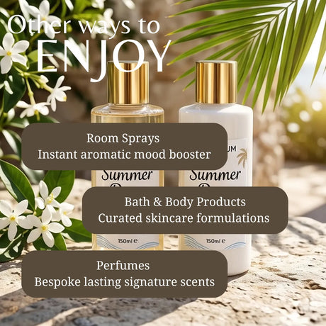 Two cosmetic bottles labeled Summer 150ml, one with a gold cap and one with a white cap, displayed on a stone surface with tropical leaves and white flowers. Text overlays mention room sprays, bath & body products, and perfumes.
