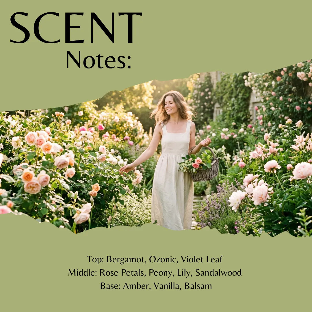 Scent Notes: fragrance profile graphic with a torn-paper style photo of a woman in a white dress standing in a rose garden, surrounded by pink and peach flowers. Text at top reads 'SCENT Notes:' and text at bottom lists fragrance notes: Bergamot, Ozonic, Violet Leaf, Rose Petals, Peony, Lily, Sandalwood, Amber, Vanilla, Balsam.