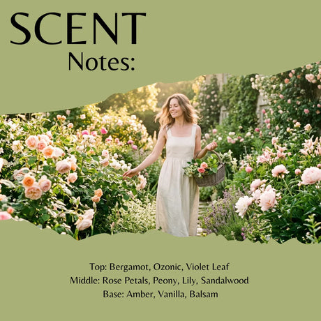 Scent Notes: fragrance profile graphic with a torn-paper style photo of a woman in a white dress standing in a rose garden, surrounded by pink and peach flowers. Text at top reads 'SCENT Notes:' and text at bottom lists fragrance notes: Bergamot, Ozonic, Violet Leaf, Rose Petals, Peony, Lily, Sandalwood, Amber, Vanilla, Balsam.