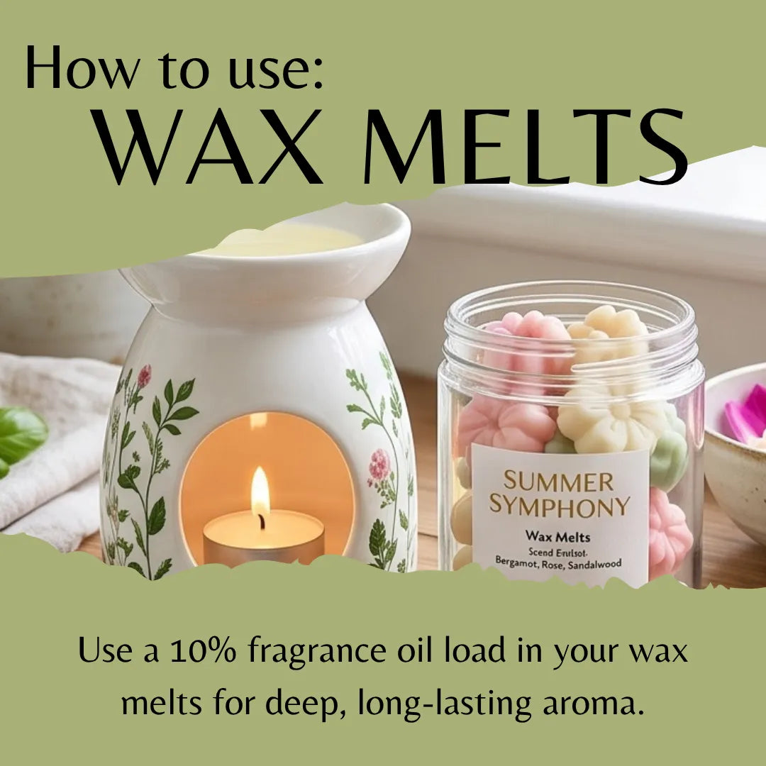 Instructional graphic showing how to use wax melts, featuring a white floral ceramic wax warmer with a lit candle inside and a clear jar of flower-shaped wax melts labeled 'SUMMER SYMPHONY'. Large text at the top reads 'How to use: WAX MELTS' and the bottom text explains using fragrance oil load.