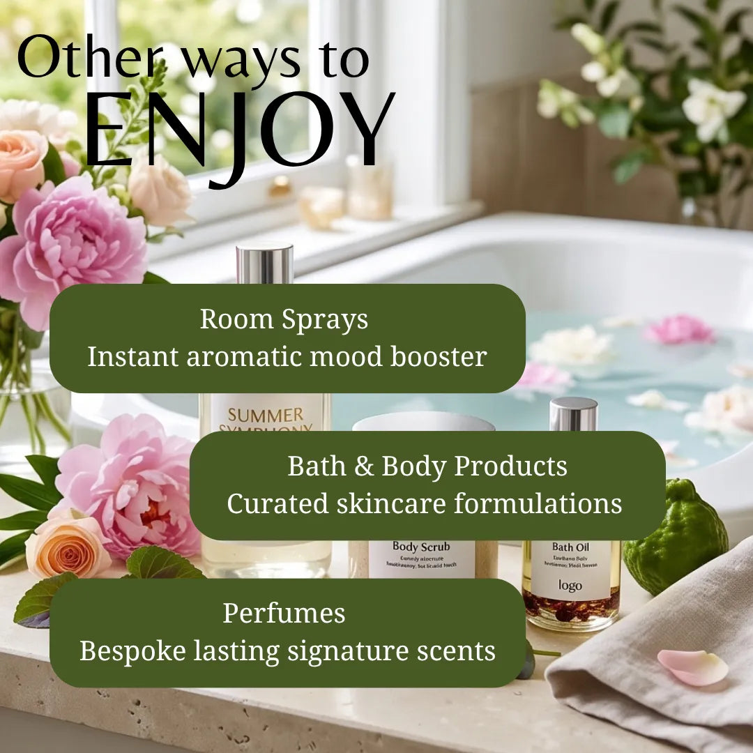 Promotional graphic for bath and body products with three text callouts over a spa-like bathroom scene: 'Other ways to ENJOY,' 'Room Sprays Instant aromatic mood booster,' 'Bath & Body Products Curated skincare formulations,' and 'Perfumes Bespoke lasting signature scents.' Visible products include a room spray bottle, a body scrub bottle, and a bath oil bottle, arranged with flowers, petals, and a towel.