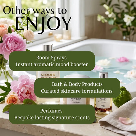 Promotional graphic for bath and body products with three text callouts over a spa-like bathroom scene: 'Other ways to ENJOY,' 'Room Sprays Instant aromatic mood booster,' 'Bath & Body Products Curated skincare formulations,' and 'Perfumes Bespoke lasting signature scents.' Visible products include a room spray bottle, a body scrub bottle, and a bath oil bottle, arranged with flowers, petals, and a towel.