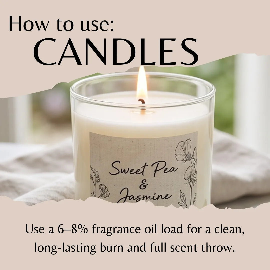 A lit candle in a clear glass jar with a cream-colored wax and a beige label reading 'Sweet Pea & Jasmine.' Large text at the top says 'How to use: CANDLES,' and smaller text at the bottom explains fragrance oil load recommendations.