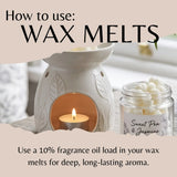 Instructional graphic showing a white ceramic wax warmer with a lit candle inside and a small jar of wax melts labeled 'Sweet Pea & Jasmine.' Large text reads 'How to use: WAX MELTS' and smaller text explains using fragrance oil load in the wax melts for deep, long-lasting aroma.